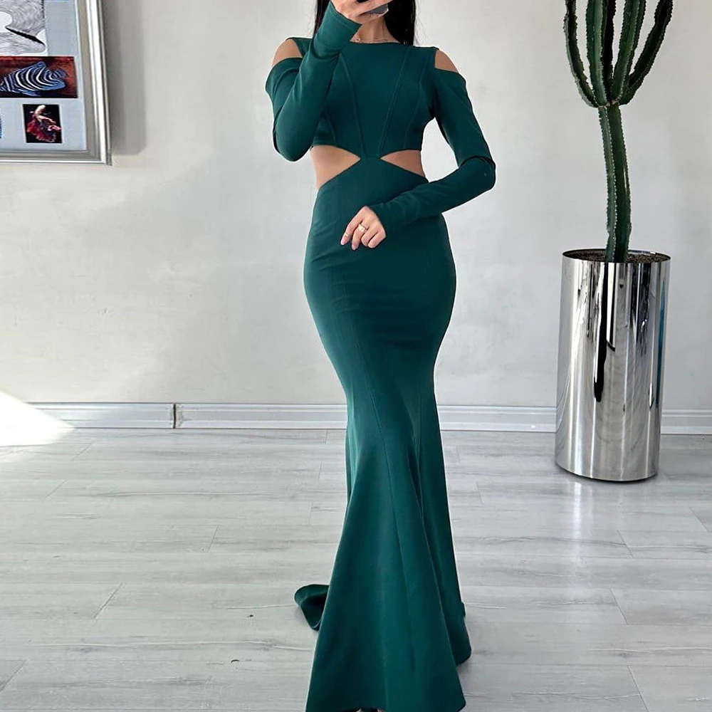 

Crew neck Long Sleeves crop top Jersey Mermaid Floor Length Sweep Train Elegant Solid Color Evening Dresses For Formal Occasions