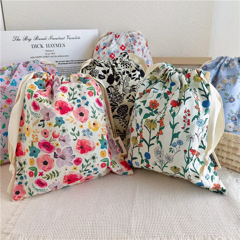 Portable Organizer for Underwear Socks Bra Cotton Makeup Bag Travel Drawstring Bags Ins Flower Print Clothes Organizer