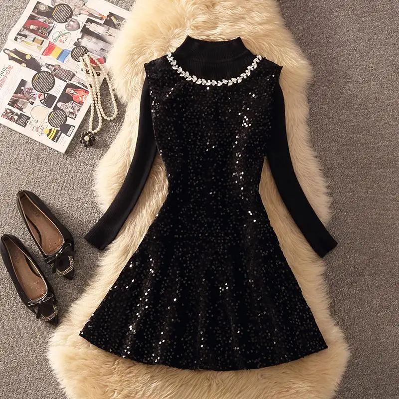 Elegant Women's Autumn Winter Fashion Set High Neck Base Shirt Vest Dress Two Piece Polyester Long Sleeve round Neck Outfit