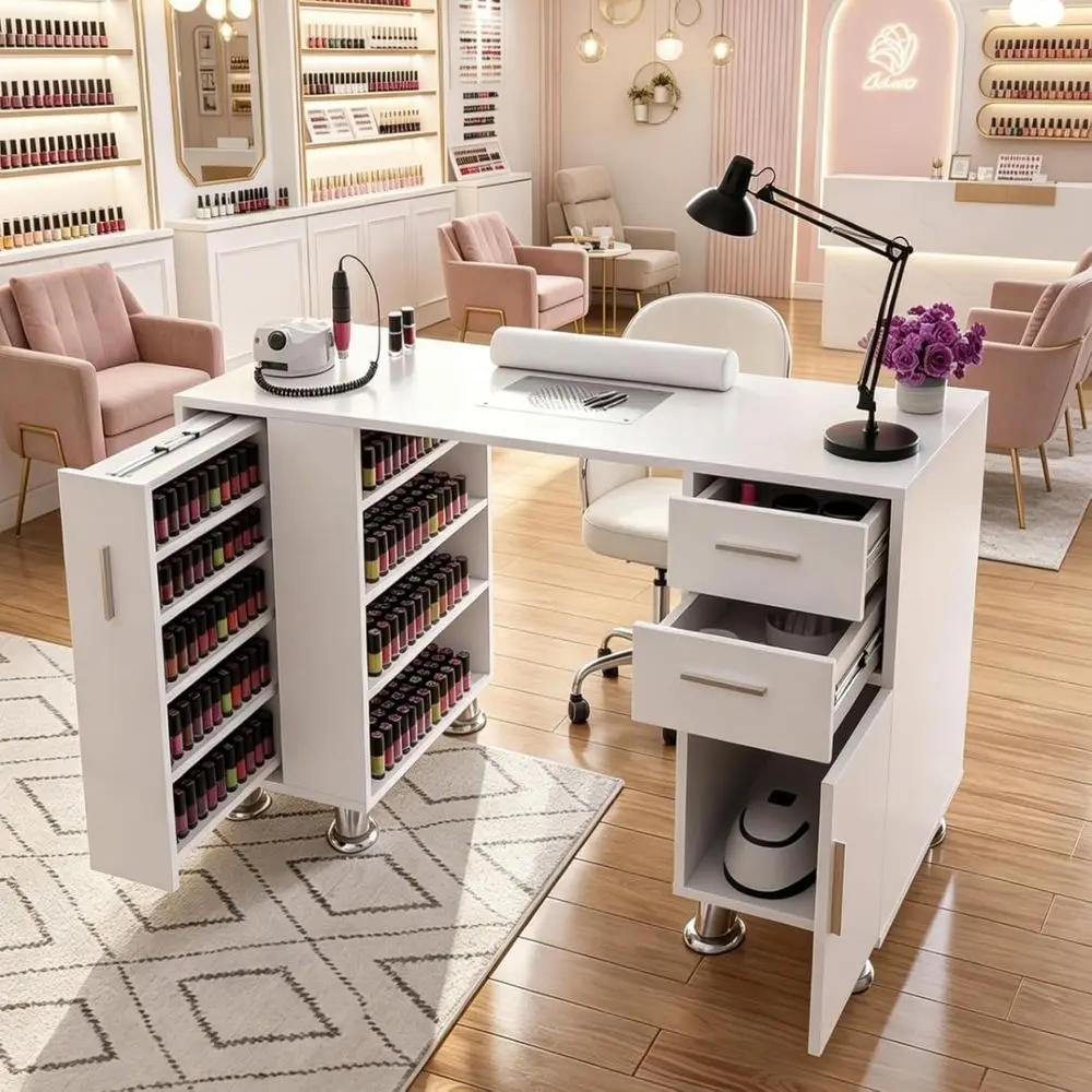 Professional Nail Station with Storage, Dust Collector, and Adjustable Features for Beauty Salons and Home Use, White
