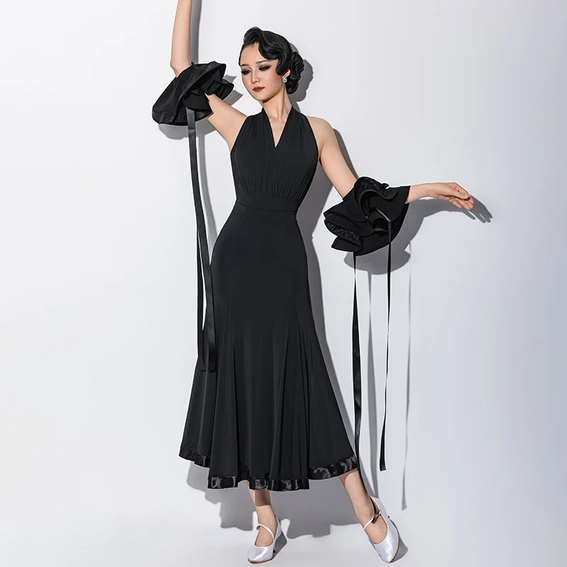 

Роскошное современное танцевальное платье 2025 года для женщин, верхняя юбка с висячим вырезом, вальс, одежда для соревнований по бальным танцам DN21838