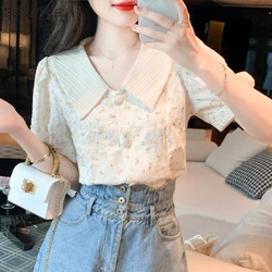 Blouses Women Floral Sweet Simple Design Peter Pan Collar Leisure Girlish All-match French Style Tender Summer Puff Sleeve Daily