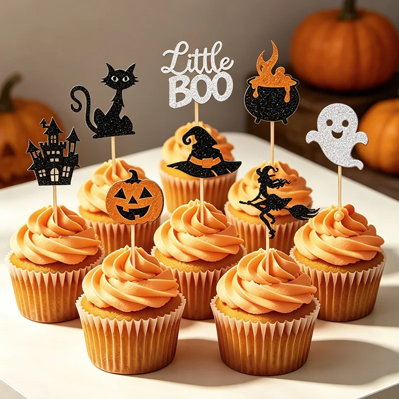 YOMDID 24Pcs Halloween Cupcake Toppers Glitter Cat Castle Boo Ghost Witch Hat Cake Toppers Picks Holiday Halloween Decorations view 2