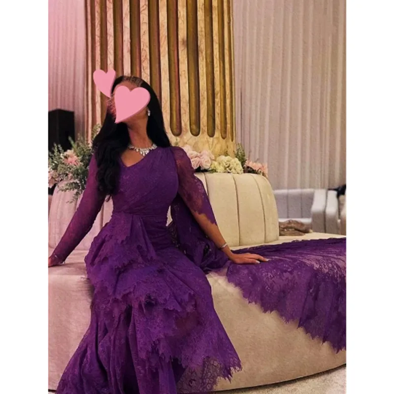 Aleeshuo gaun Prom ungu klasik, gaun malam lengan panjang untuk wanita ilusi renda gaun pesta elegan gaun putri duyung Prom