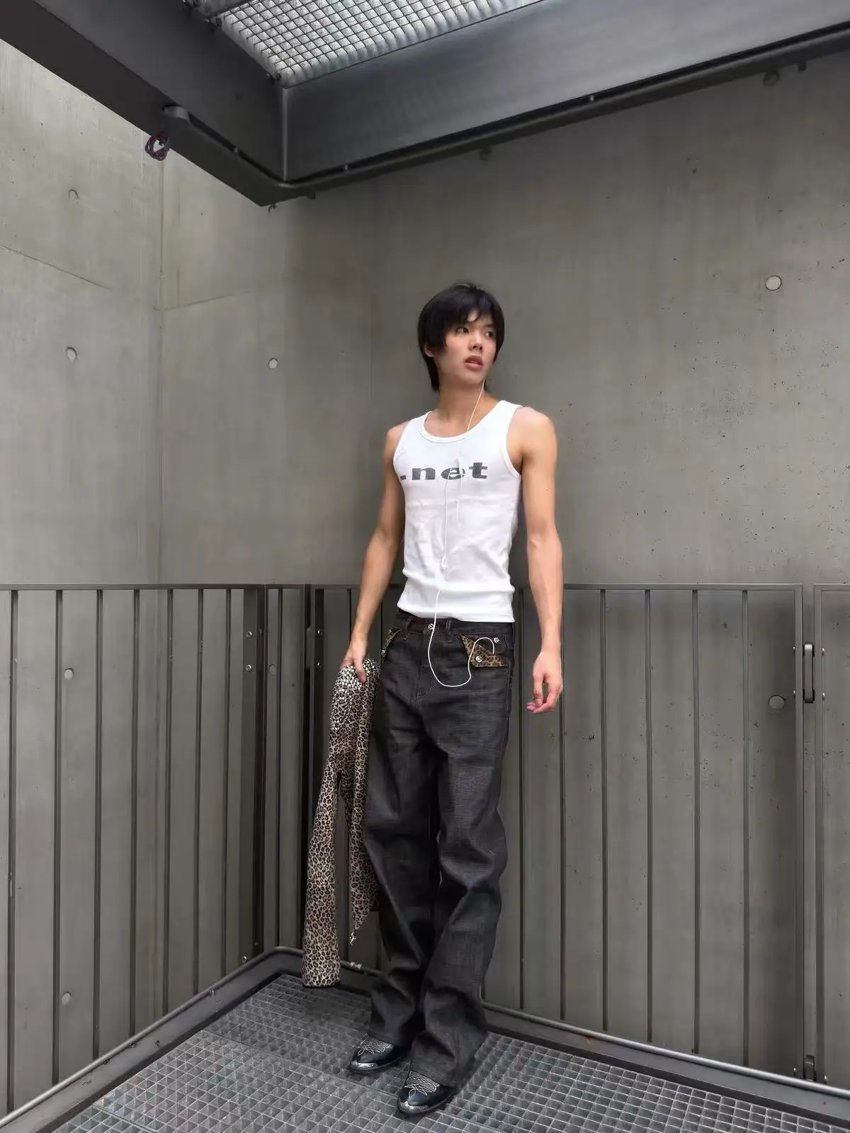 Men's Leopard Print Patchwork Design Street Pants Young Boy Casual Sweatpants Wide Leg Bottom Male High Waist Straight Trousers