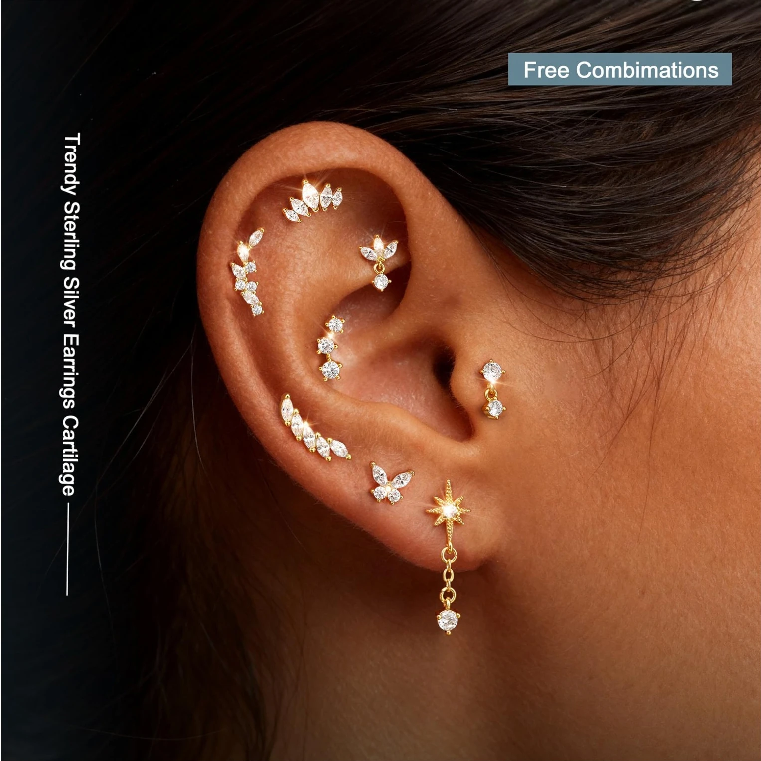 Drperfect Silver Needle Stud Flatback Earrings for Women Cartilage Earrings for Sensitive Ears Tragus Conch Helix Piercing Jewel