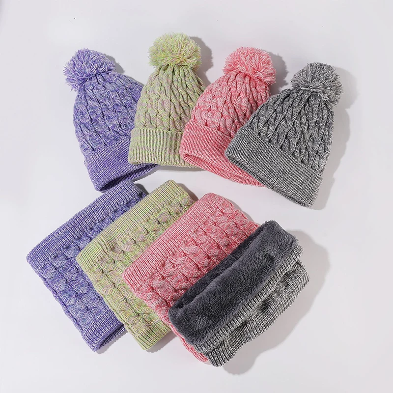 

Three Piece Set Of Children's Warm Scarves Hats Gloves Sweet Gradient Color Winter Scarf Acrylic Fiber Ear Protection Yarn Hat