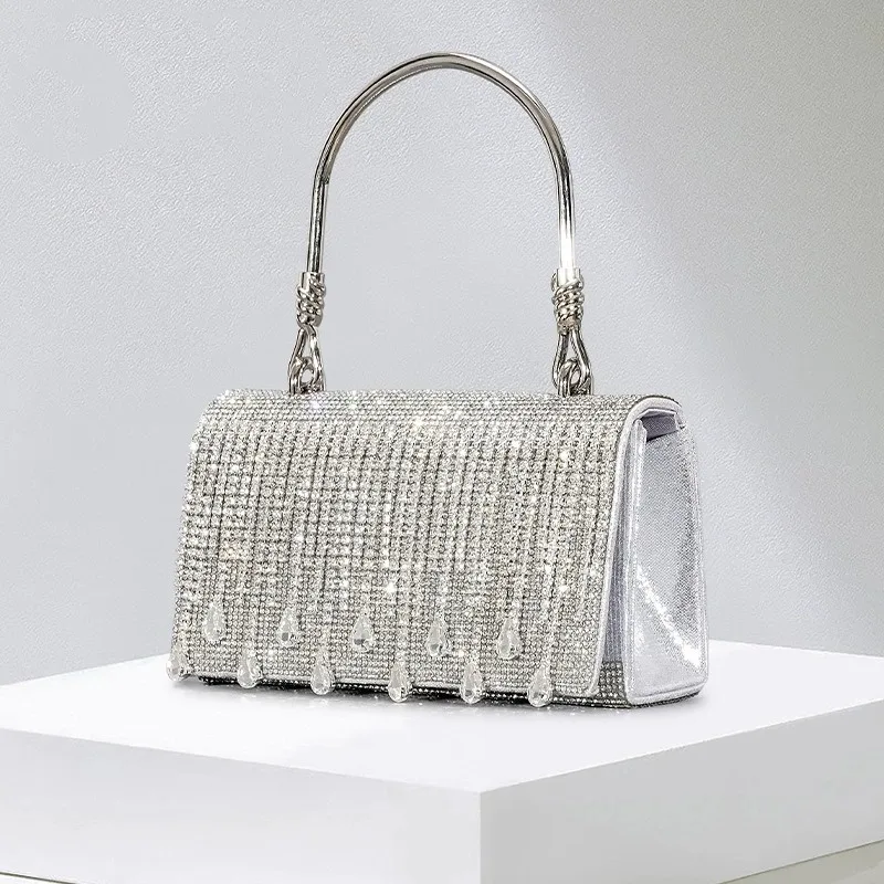 

Luxury Rhinestone Evening Handbags for Women Wedding Blingbling Diamonds Tassels Silver Clutch Bag Golden Stone Purse Party