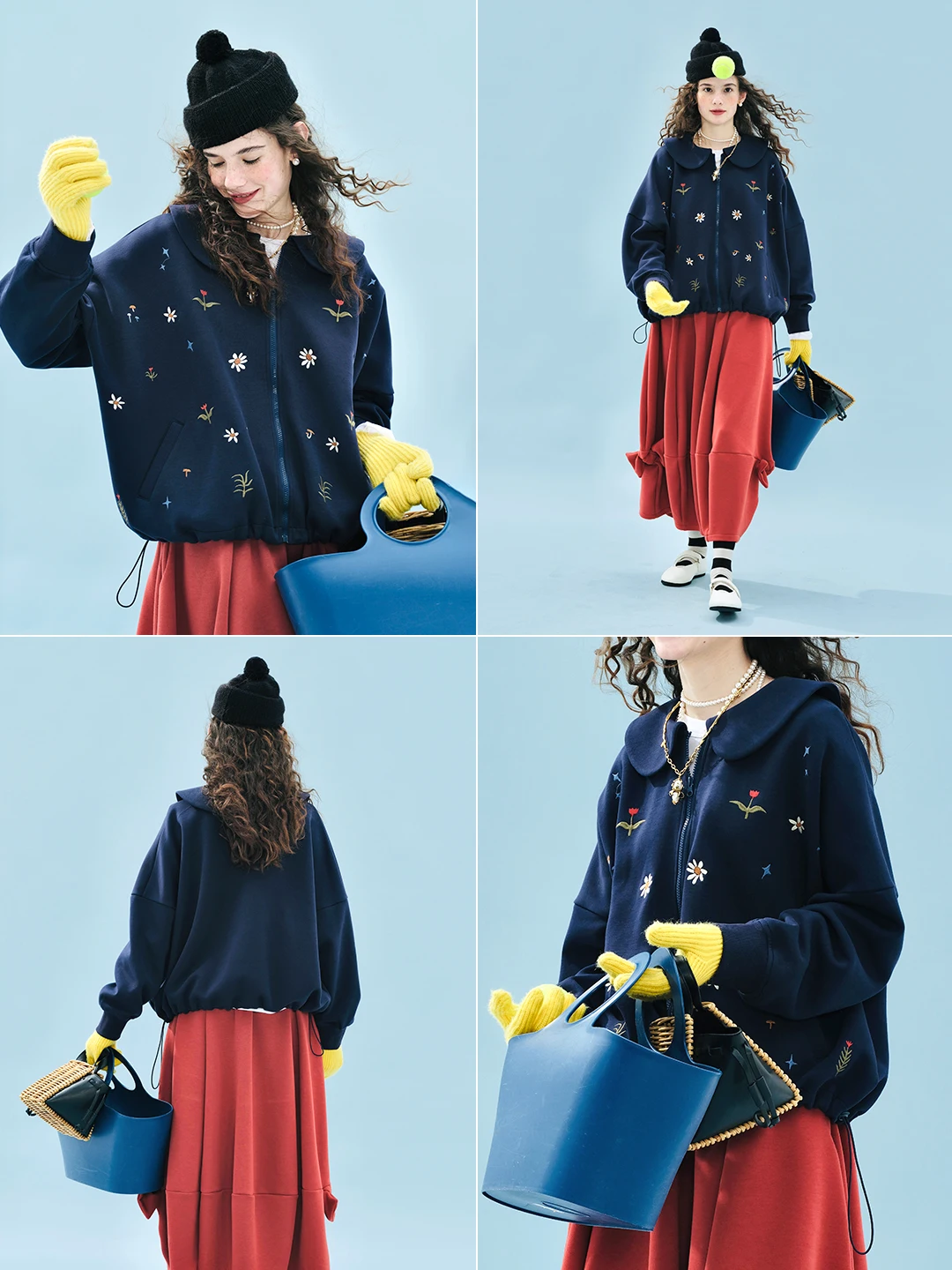 Women's Navy Blue Floral - Embroidered Collared Sweatshirt Outdoor Outings Sweet and Eye - Catching 255223