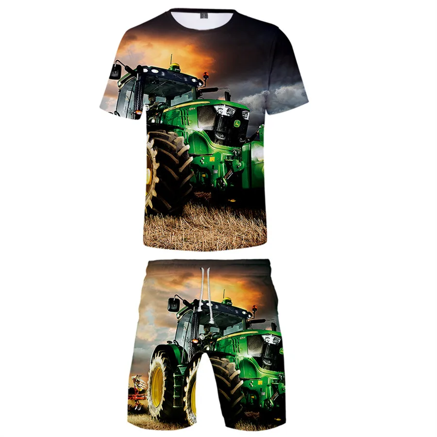 

Novelty Tractor Pattern T-shirts Men's Leisure Sports T-shirt Shorts Fashion Two-piece Set Boys T-shirt Shorts