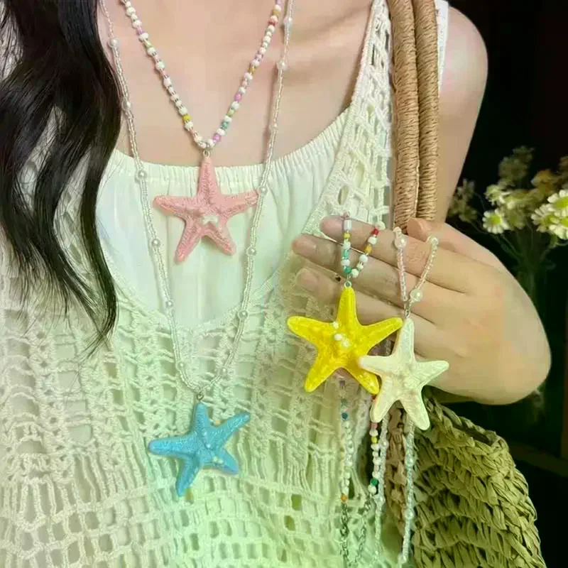 Cute Bohemian Starfish Necklace Beach Surfer Dopamine Bead Trendy Splicing Colorful Summer Clavicle Gift