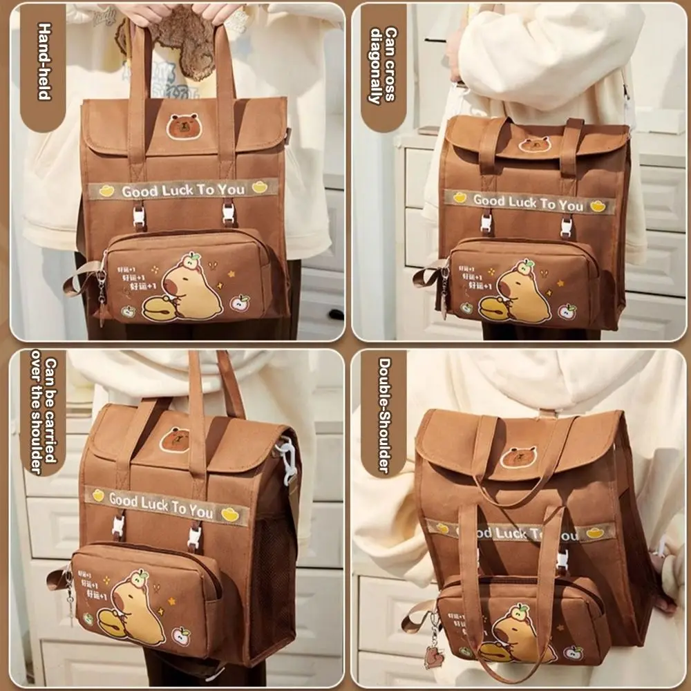 Borsa tutorial Capybara Kawaii Borsa per studenti in tela di grande capacità Borsa per penne staccabile Zaino per cartoni animati Scuola primaria