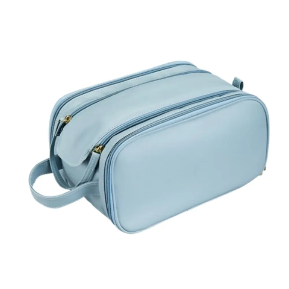 Portable Women's Makeup Bag Solid Color Double Zipper Handheld Storage Bag Waterproof PU Leather Toiletries Storage Pouch