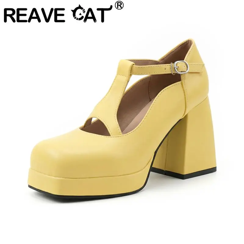 

Женские туфли REAVE CAT желтые, с квадратным носком, на каблуке 9,5 см, платформе 1,5 см, с Т-образным ремешком и пряжкой, большие размеры 46, 47, 48, 49, модель Мэри Джейн