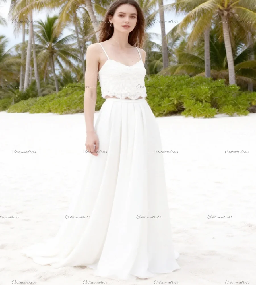Destination Beach Boho Wedding Dress 2026 Spaghetti Straps Elopement Bohemian Bridal Dress Two Pieces Ethereal  Bride Dress Chic