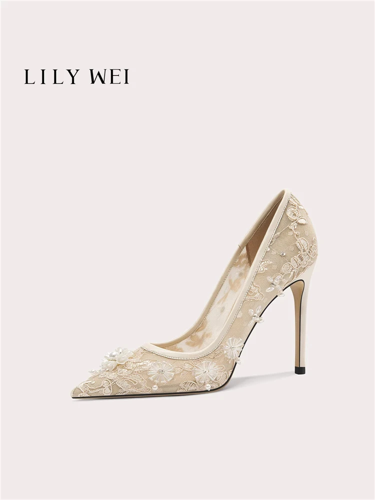 

Stiletto spring and summer new pointed toe shallow lace mesh pearl flower wedding shoes banquet large size small size women shoe