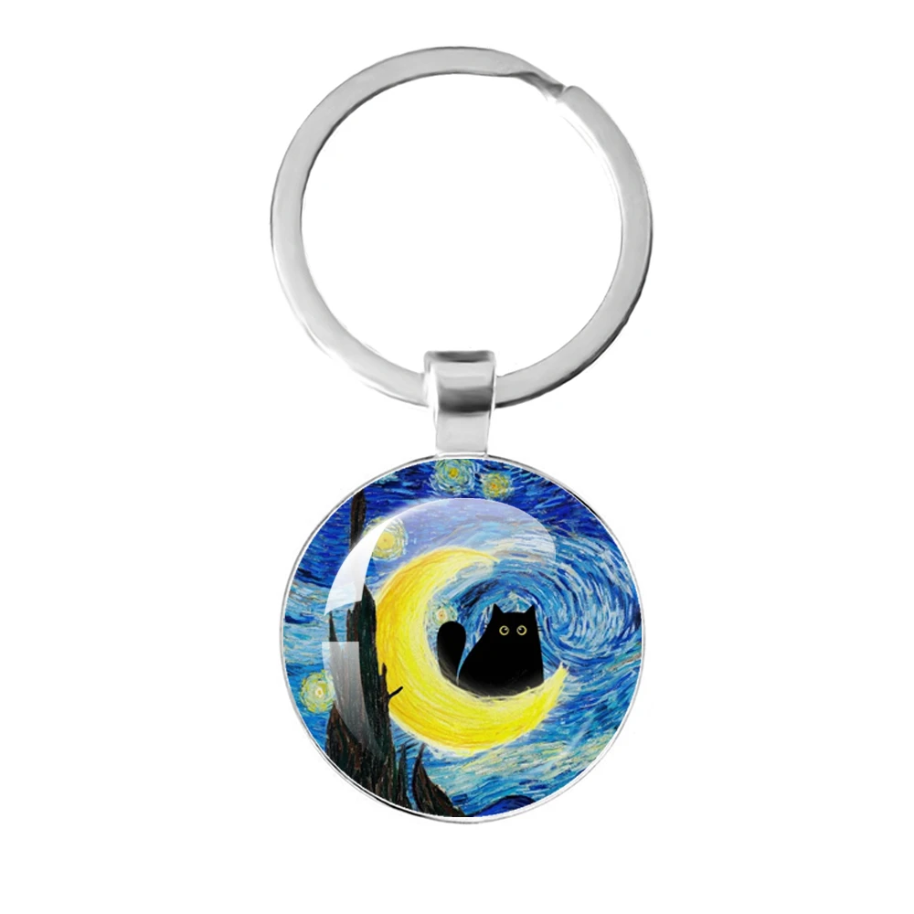 فان جوخ القط الفن النفط المفاتيح الرجال النساء الموضة الزجاج محدب كيرينغ النجوم ليلة مجوهرات عباد الشمس قلادة الموضة هدية