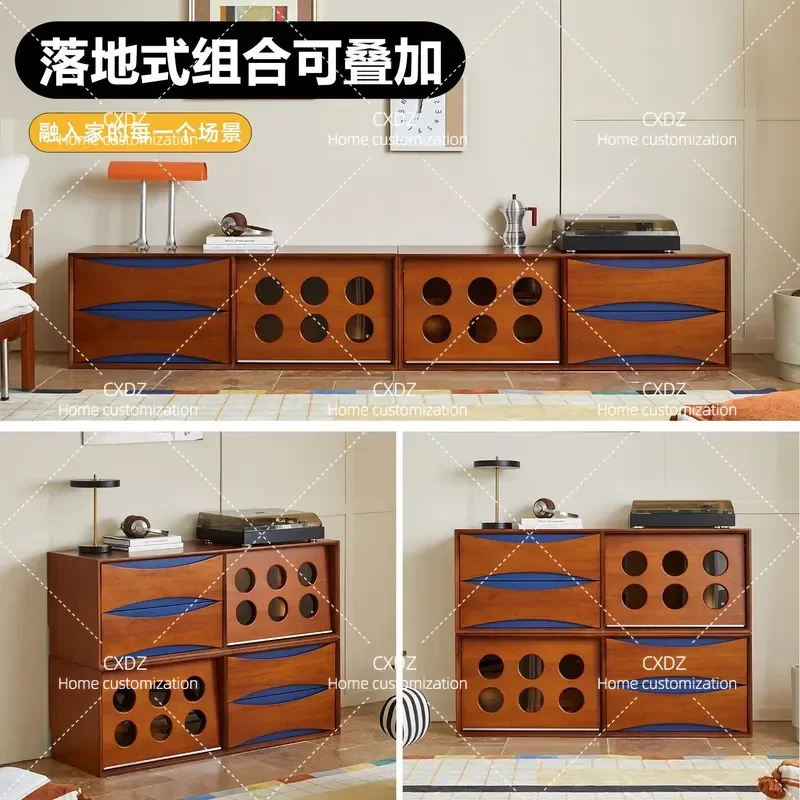 Retro Solid Wood TV Cabinet Living Room Storage Floor Cabinet Medieval Style Modular Chest Unit Integrated Media Console