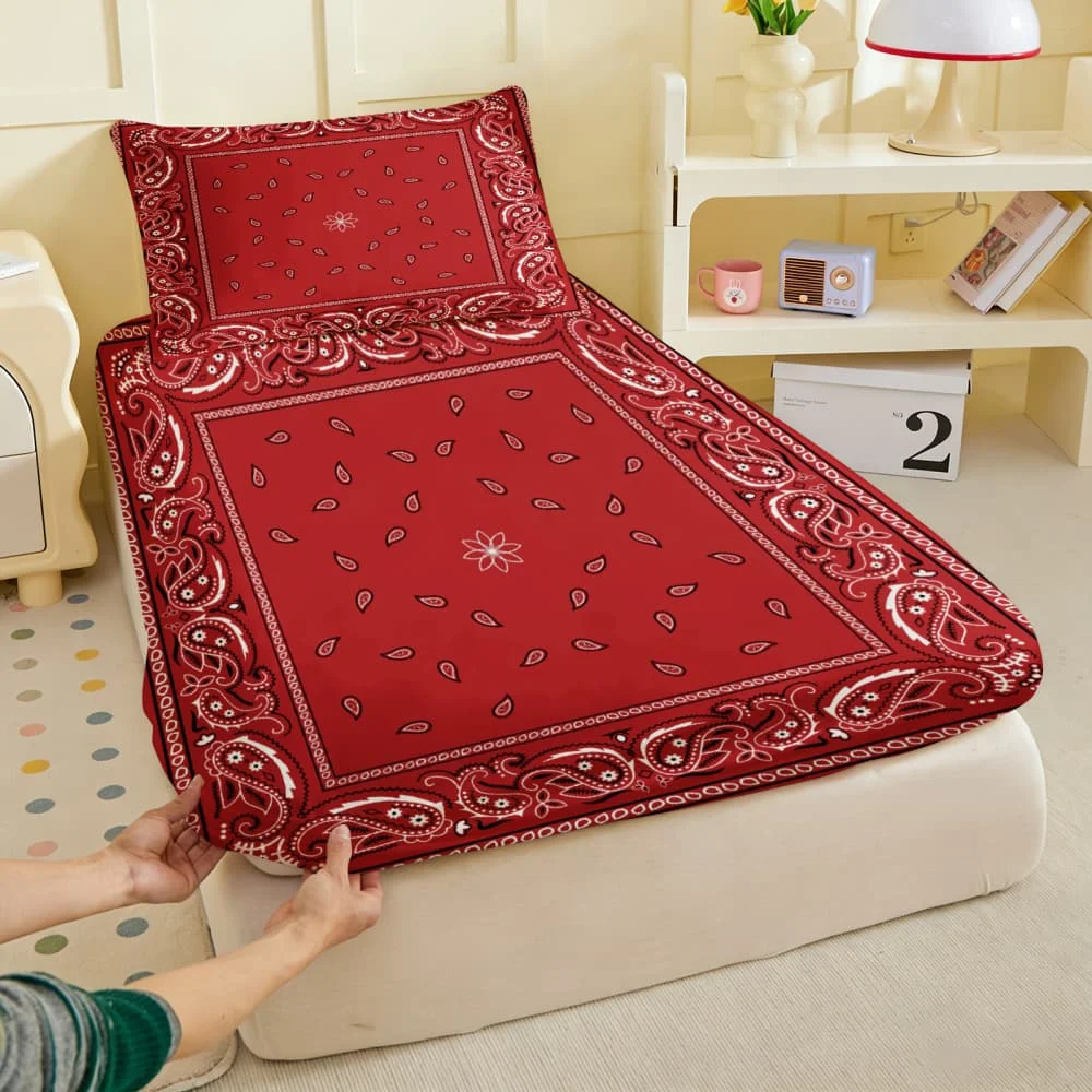 1pc Red Paisley Bandana Print Fitted Sheet Deep Pocket Elastic Mattress Cover Single Double Queen King Bedroom Decor
