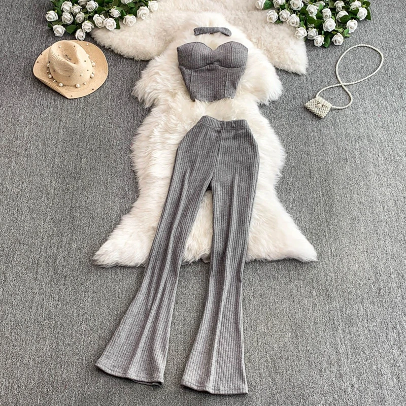 

Women's Two-Piece Set Women's Vest Sleeveless Hanging Neck Crop Top and High Waisted Flared Trousers Set