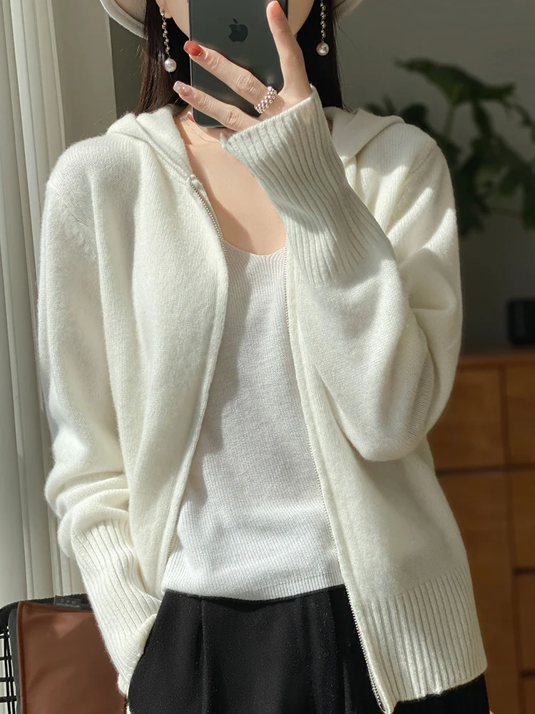 ADDONEE Women Zipper Hooded Cardigan Casual Cashmere Sweater Autumn Winter 100% Merino Wool Knitwear Korean Popular Clothing Top