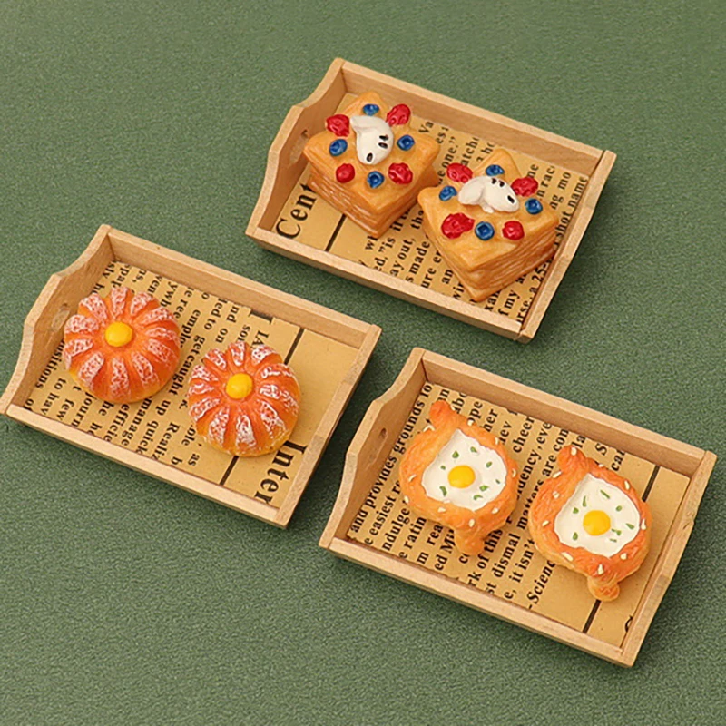 4Pcs/set New Handmade Dollhouse Miniature Food Toys Wooden Tray Double Ear Plate Bread Model Decoration Kitchen Accessories