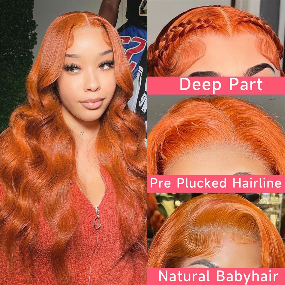 

Ginger Orange Lace Front Wig Human Hair 13x4 Transparent Body Wave Lace Frontal Wigs Pre Plucked 180% Density For Black Women