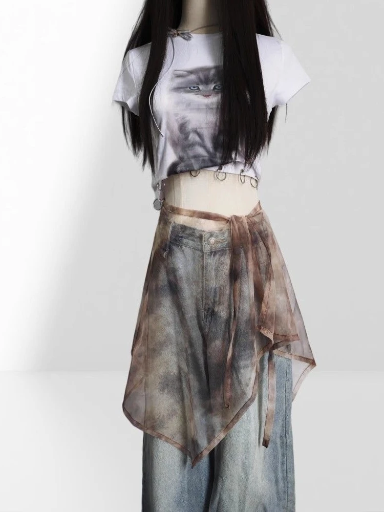 

Y2k Harajuku Vintage Skirts Lace-up Tie Dye Irregular Design Spicy Girl Skirt See Through Gauze Streetwear Women's Clothing 2025