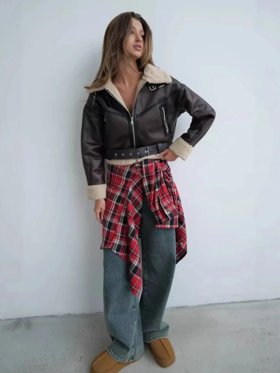 Manteau en fausse fourrure de Style de rue pour femme, veste en mélange de cuir, col montant, polyvalent, épaisseur moyenne, manches longues