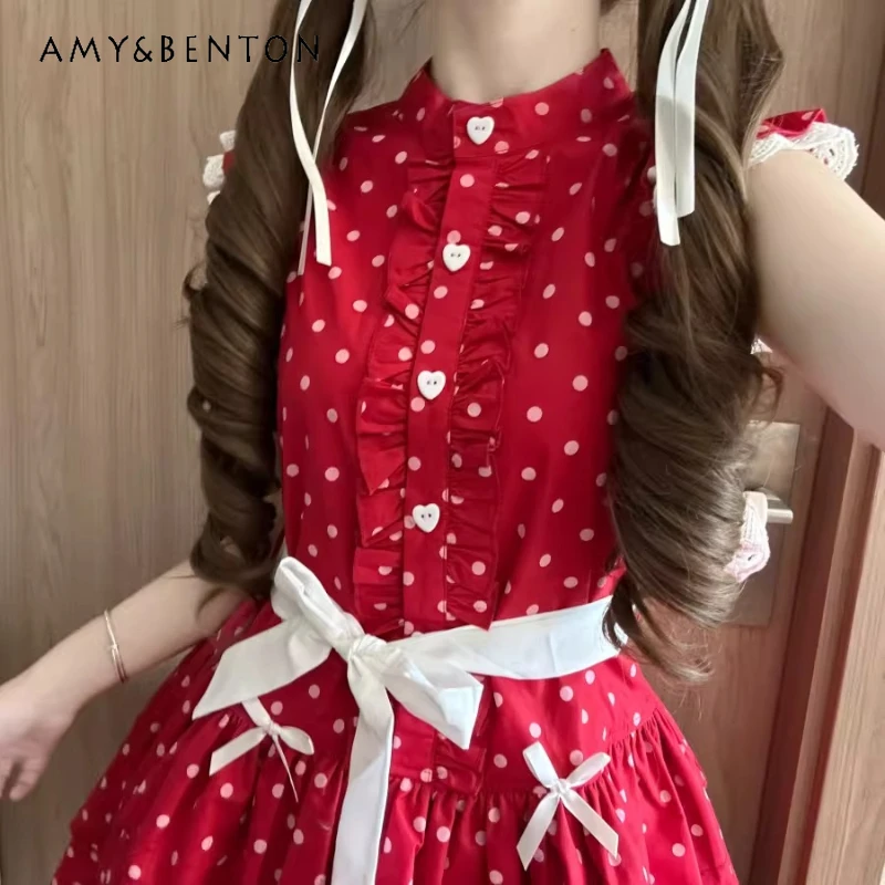 

Original Design Red Polka Dot Cake Women's Long Dress 2026 Summer New Sweet Cool Pleated Flying Sleeves Slimming Dresses Ladies