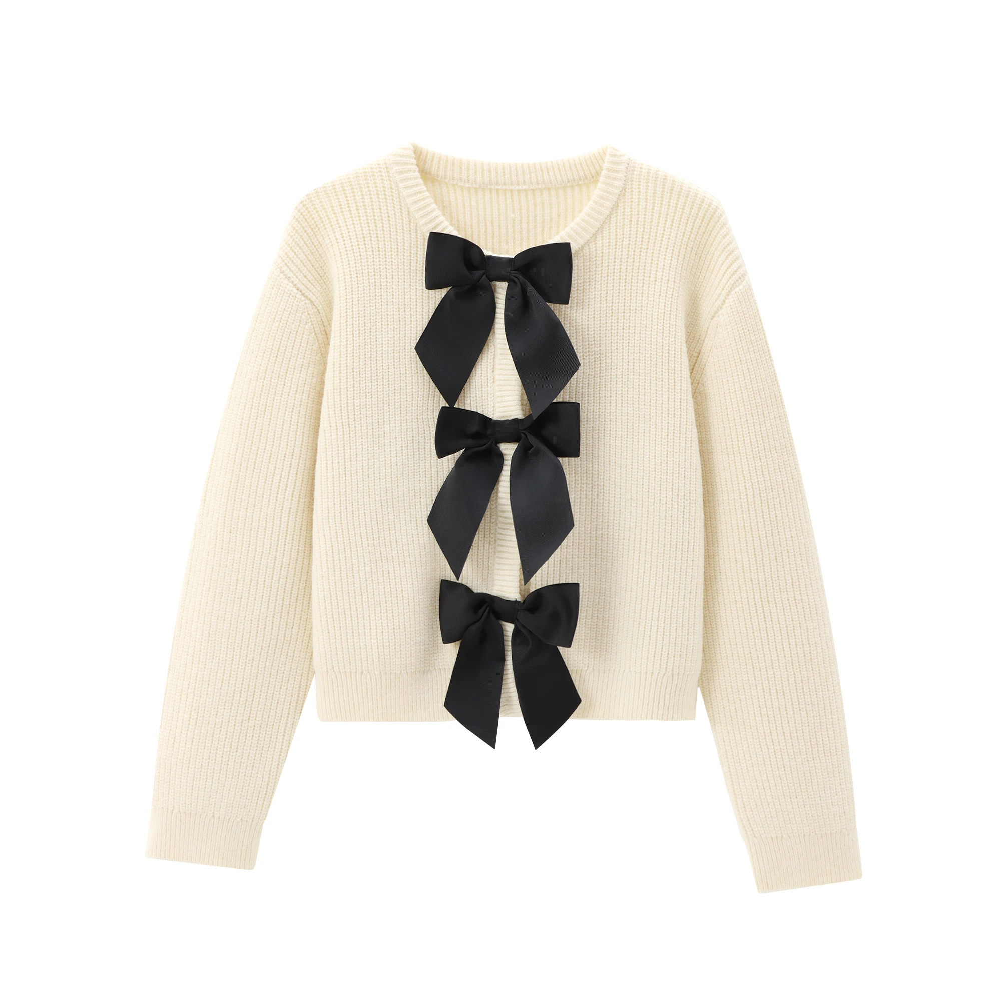 

Sweet Bow Apricot Knitted Sweater Women Round Neck Short Cardigan Autumn Female Chic Slim Fit Top Outerwear