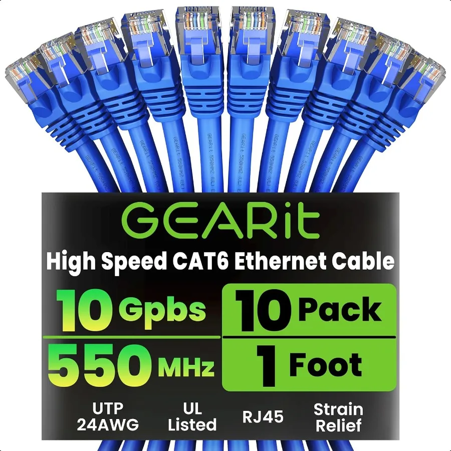 

GearIT Cat 6 Ethernet Cable Pack 10Pack 1 ft Cat6 Ethernet Patch Cables RJ45 Network Patch Cable 10 Gbps Snagl GoldPlated Conne