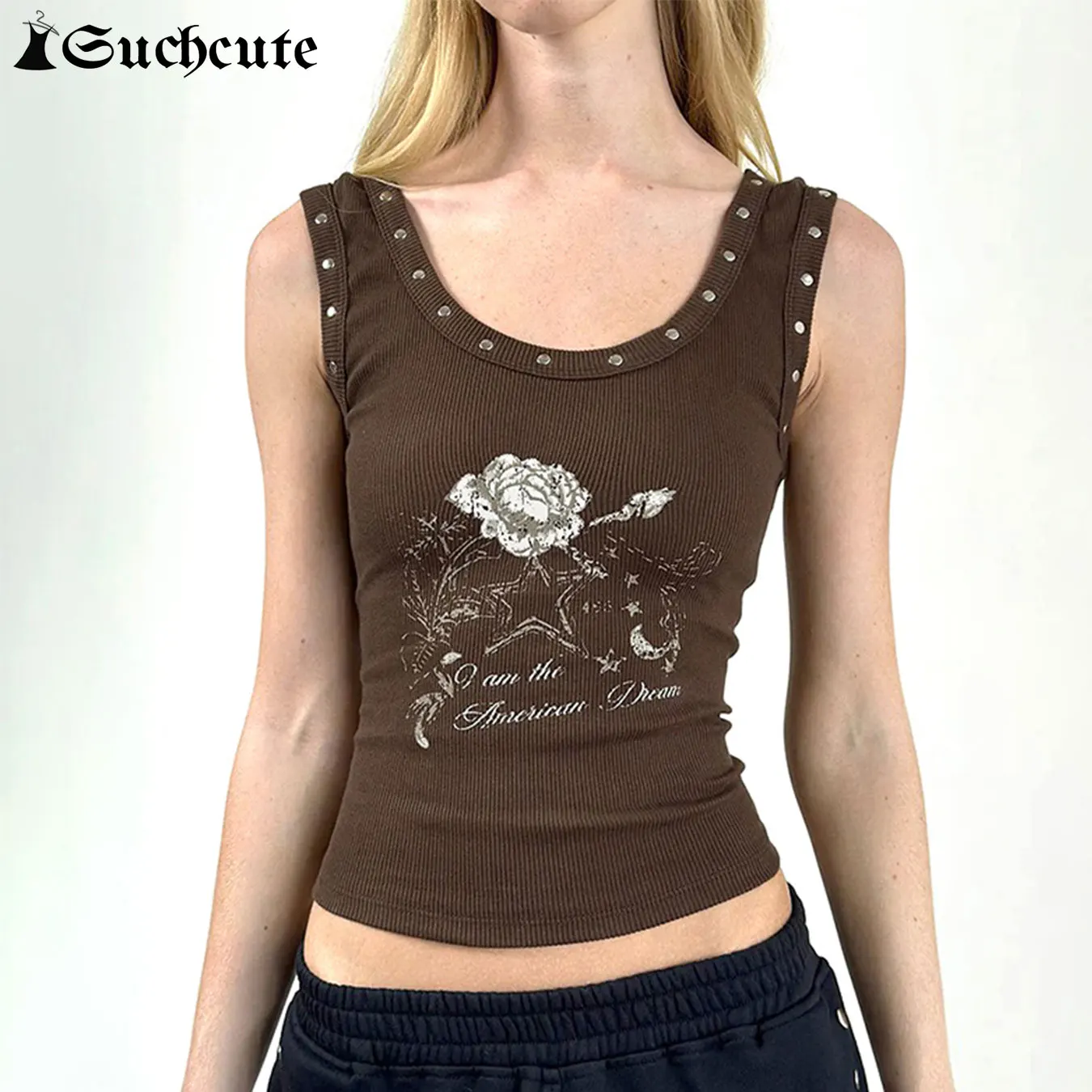 

SUCHCUTE Rivet Patchwork Flower Print Vest for Summer Streetwear Sleeveless U Neck Tank Top Women Casual Basic Tops Aesthetic