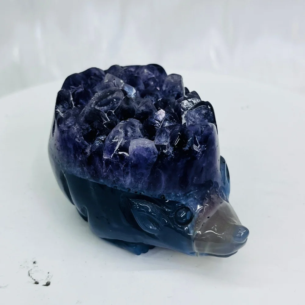 1PC Natural Amethyst Geode Agate Hedgehog Crystal Carving Hand Carved Natural Agate Animal Crystal Healing Pendant Decor Gift