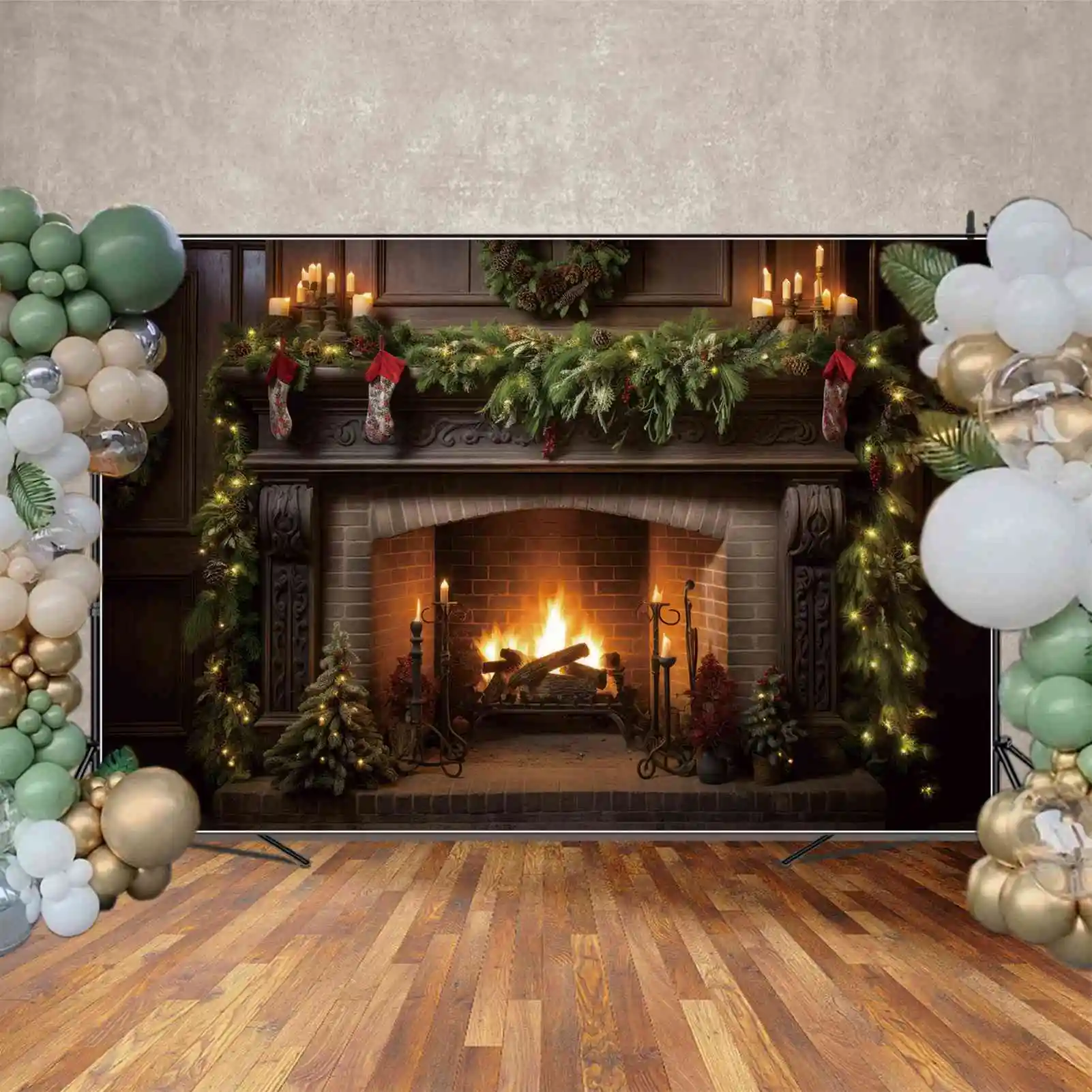 MOON.QG Photography Backdrop Christmas Decoration Brick Fireplace Pine Sock Background Garland Candles Light Up Shooting Props