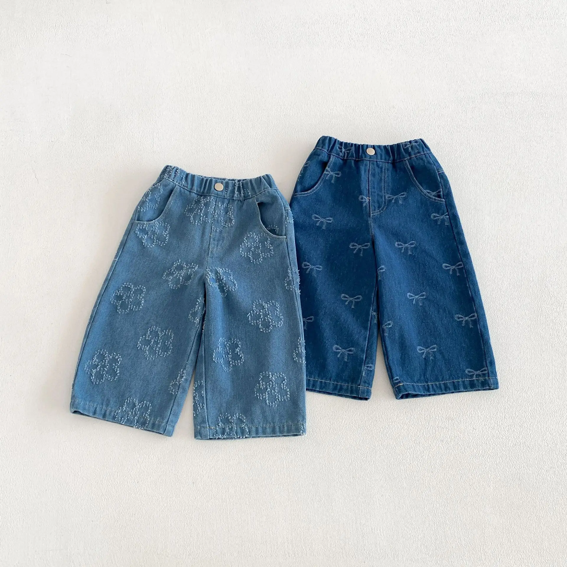1-6Y Girls Loose Jeans Kids Autumn Bow All Over Print  Elastic Waist Breathable Pants Korean Style Children Soft Trousers