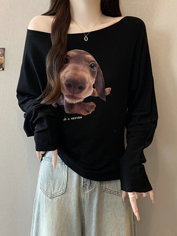 

Korean Sle Long Sve One oulder Dog Print T-irt Women's Spring New Slimming Base Layer Ladies Top Ci Walk Girl
