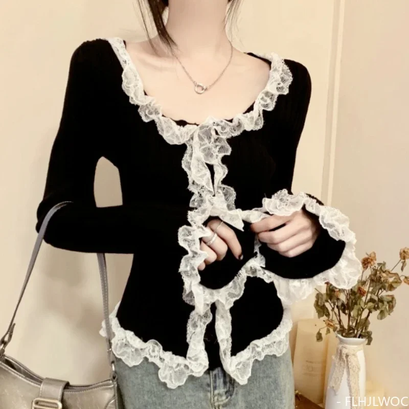 New Year Hot Slim Fitted Ruffles White Lace Sweater Jumper Women Girls Japan Style Retro Vintage Chic Korea Short Knit Pullovers