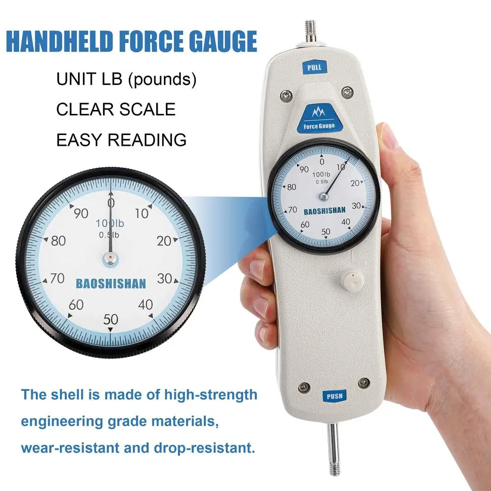 Medidor de fuerza de 100lb con certificado de calibración, accesorios de Estuche de transporte, función de pico/pista, amplia aplicación