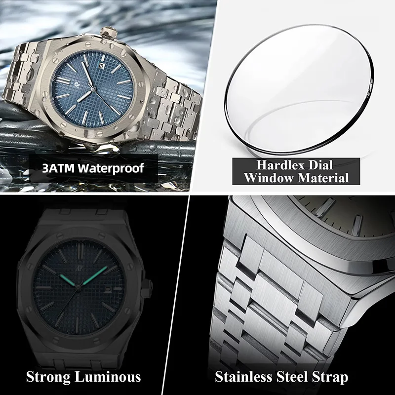 AP العلامة التجارية الكلاسيكية العصرية العلامة التجارية الرجال حساسية ساعة مقاوم للماء الفولاذ المقاوم للصدأ ساعة اليد مضيئة تاريخ ساعة زجاجية معدنية هدية