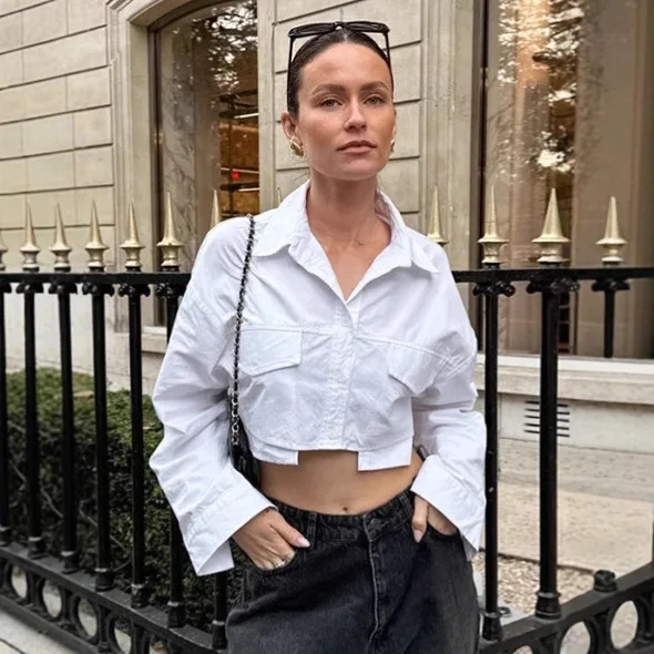 

White Pure Cotton Autumn Women's Blouse Drop Shoulder Turn Down Collar Short Shirt For Female Instagram-Style Chic Lady's Blouse