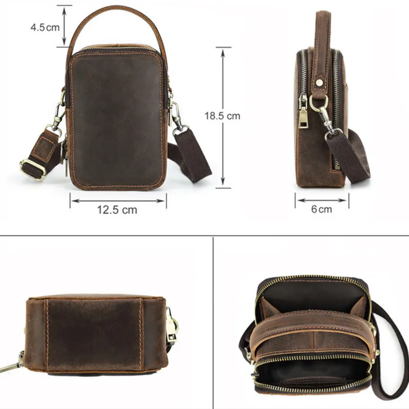 New British Style Crazy Horse Casual Men's Single Shoulder Crossbody Bags Niche Trendy Product Genuine Leather Mobile Phone Bags