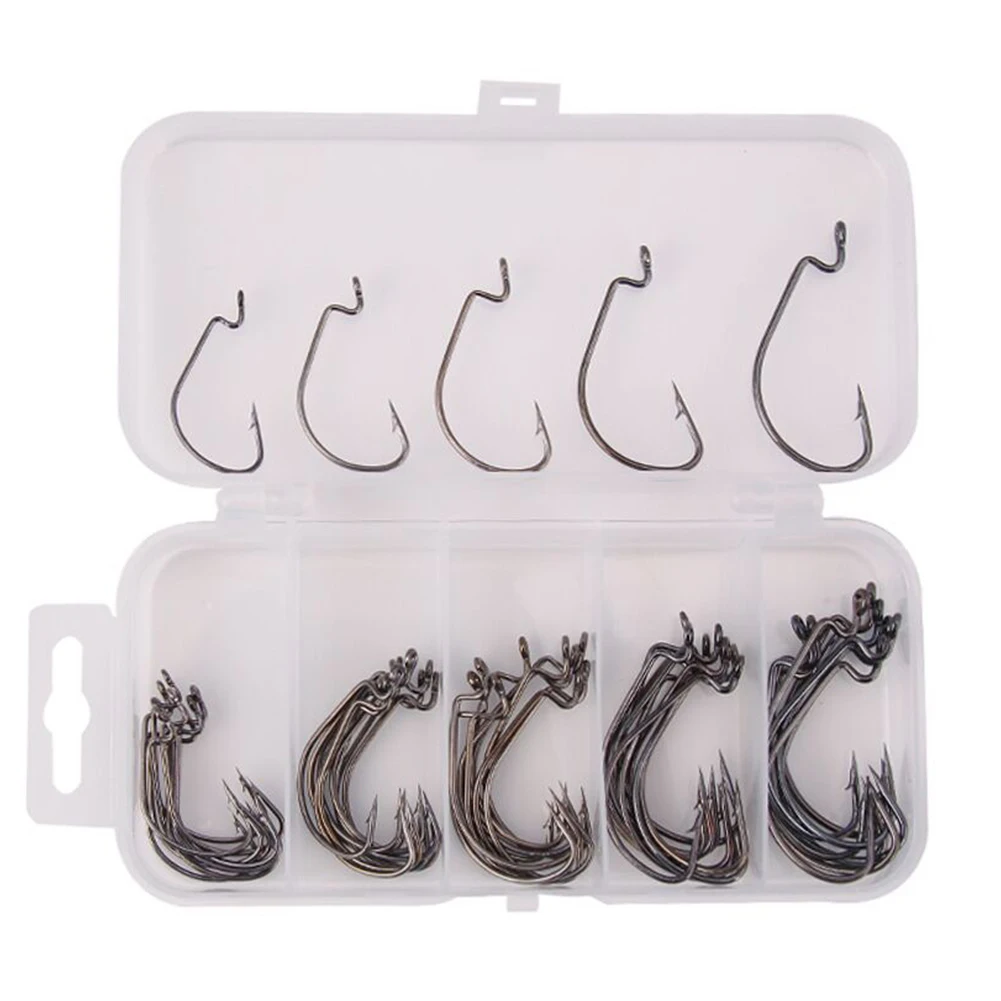 50 Pcs/Box Jig Crank Barbed Hook Wide  Offset Fishhook Wide Worm Hook Soft Baits Offset Fishhook Soft Worm Sea Hook Tackle