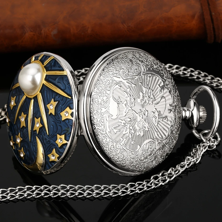 Collar de cuarzo con incrustaciones de perlas para hombres y mujeres, escultura en relieve, estrellas azules marinas y Luna, reloj de bolsillo plateado, cadena colgante, regalos