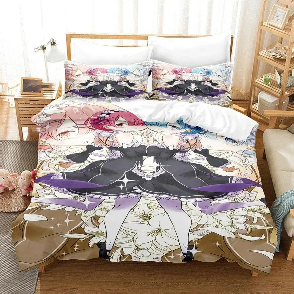 Anime Re Zero Bedding Emilia Rem 3D NEW Duvet Cover Pillowcase Bedding Set Adult Boy Girl Bedroom Children Single Double Large