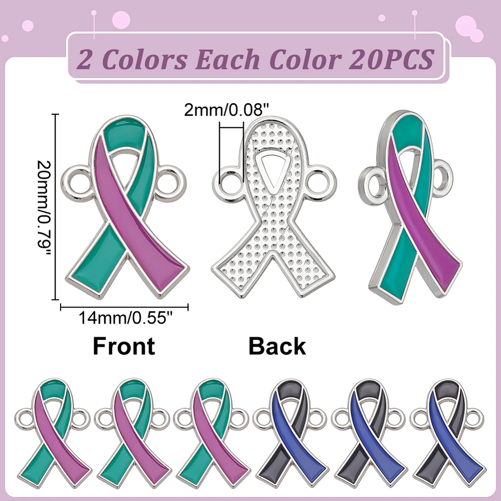 40Pcs Awareness Ribbon Charms Links Alloy Enamel Ribbon Shape Connector Charms Bulk Metal Cancer Awareness Pendants Jewelry