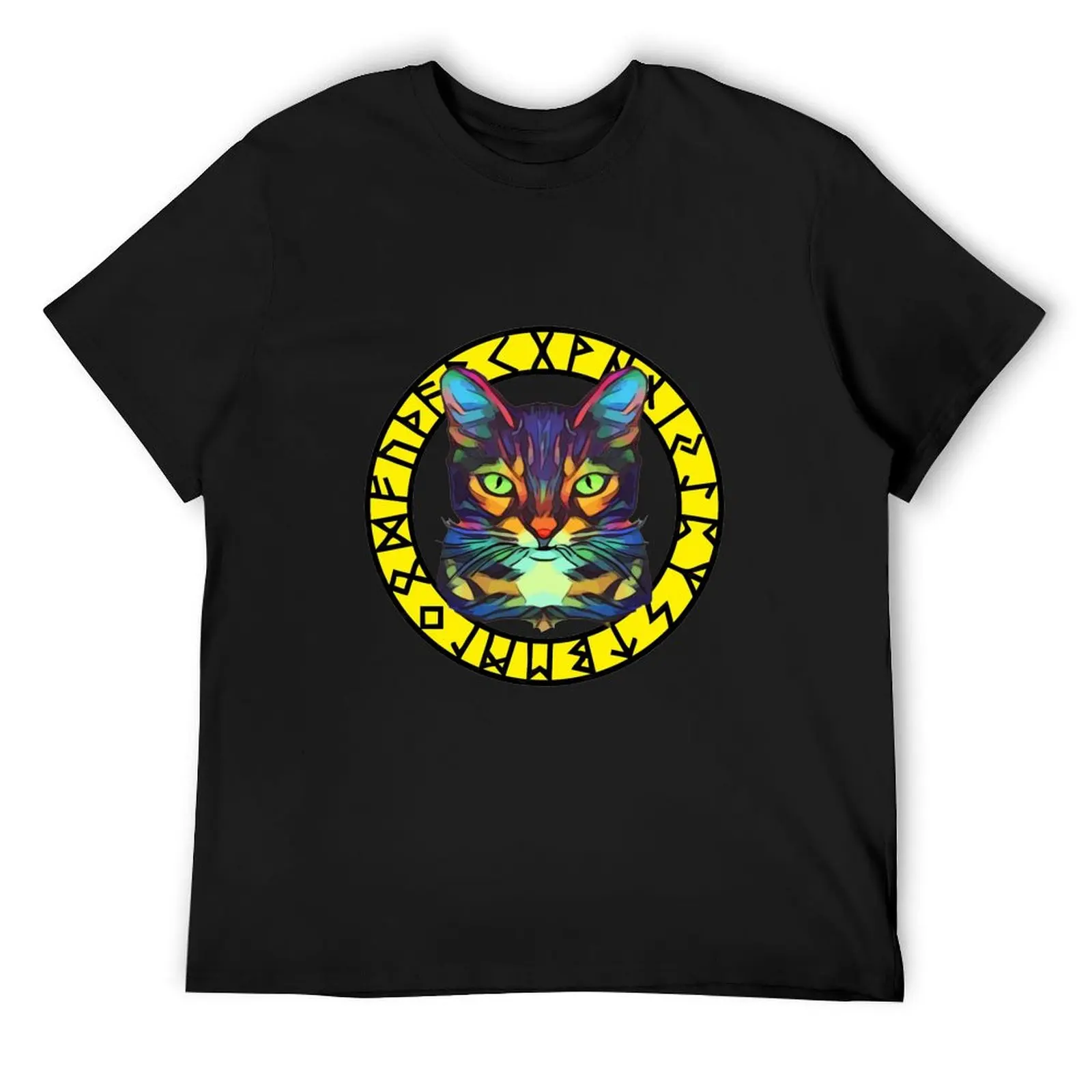 Colorful cat in a ring of Nordic runes T-Shirt plus size tops anime stuff sports fans mens graphic t-shirts