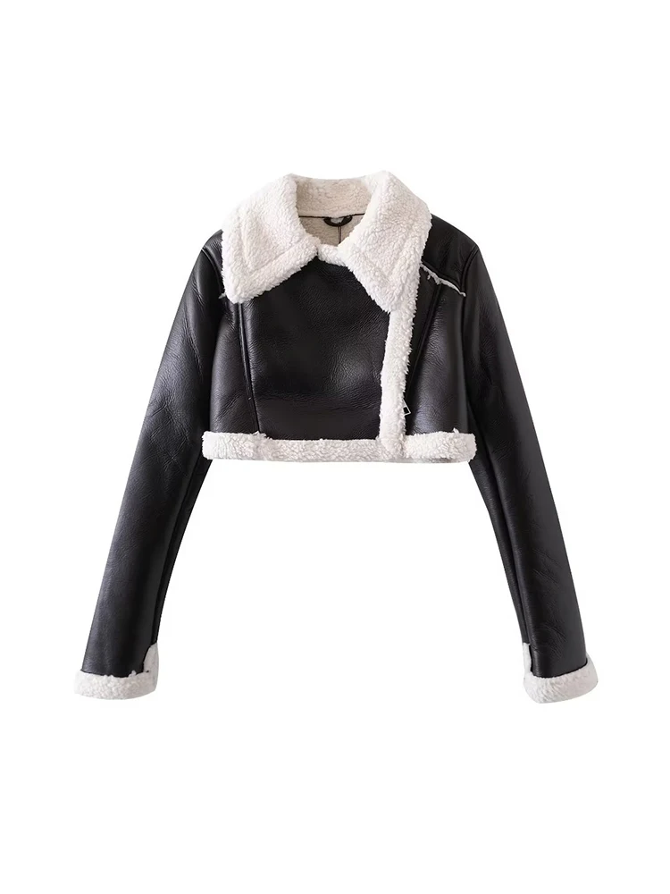 Stylish Women Faux Leather Short Jackets 2023 Winter Fashion Ladies Smart Fleece Jacket Sweet Female Chic Outerwear Cute