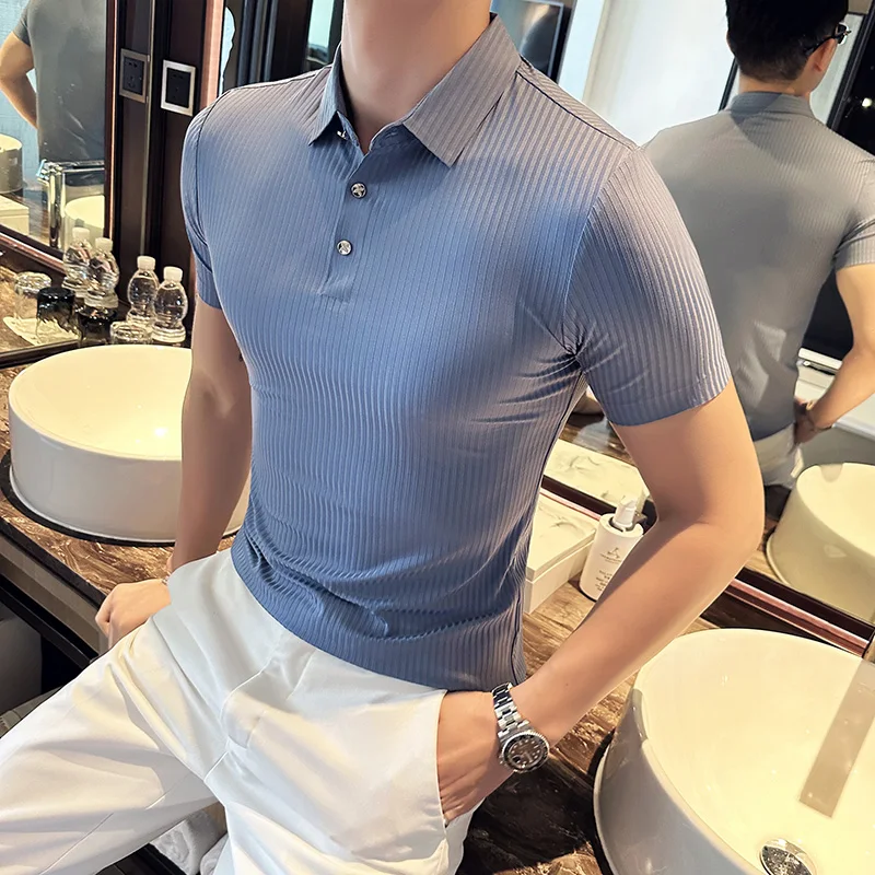 Korean Style Men's Summer High Quality Elastic Force Ice Silk Polo Shirts/Male Slim Fit Stripe Casual Polo Shirts 4XL