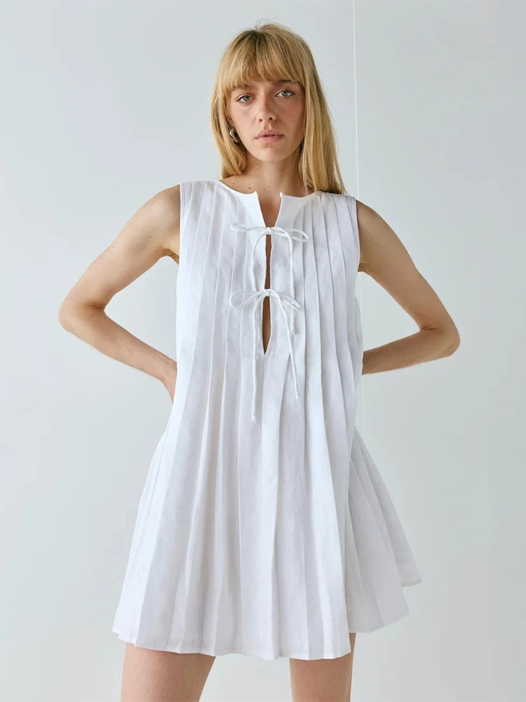 

Tossy Summer Loose Sleeveless Mini Dress Female Lace-Up Pleats Solid Casual Patchwork Women's Commute Clothes Vest Dress 2026